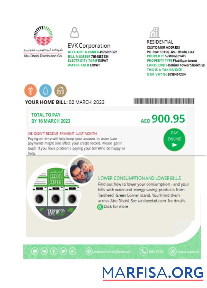 Downloadable Abu Dhabi Distribution water utility business bill, SCR sample